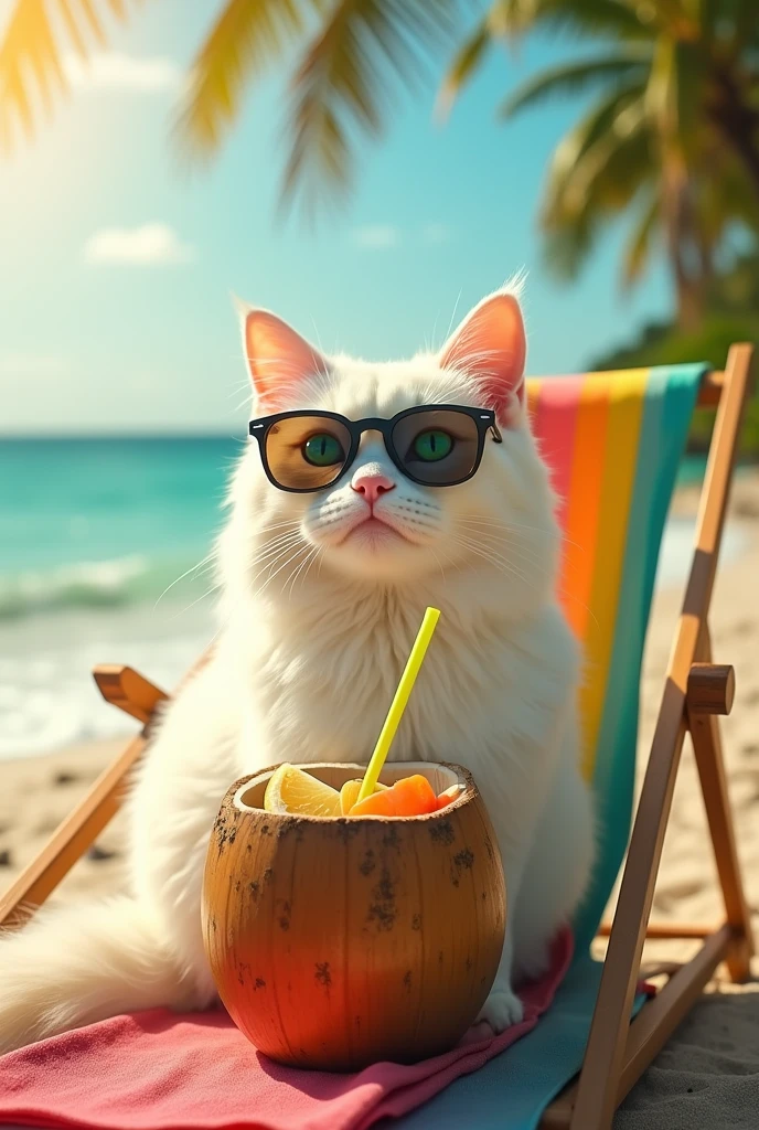 White cat wears sun glasses sitting on chair drinking juice in beach