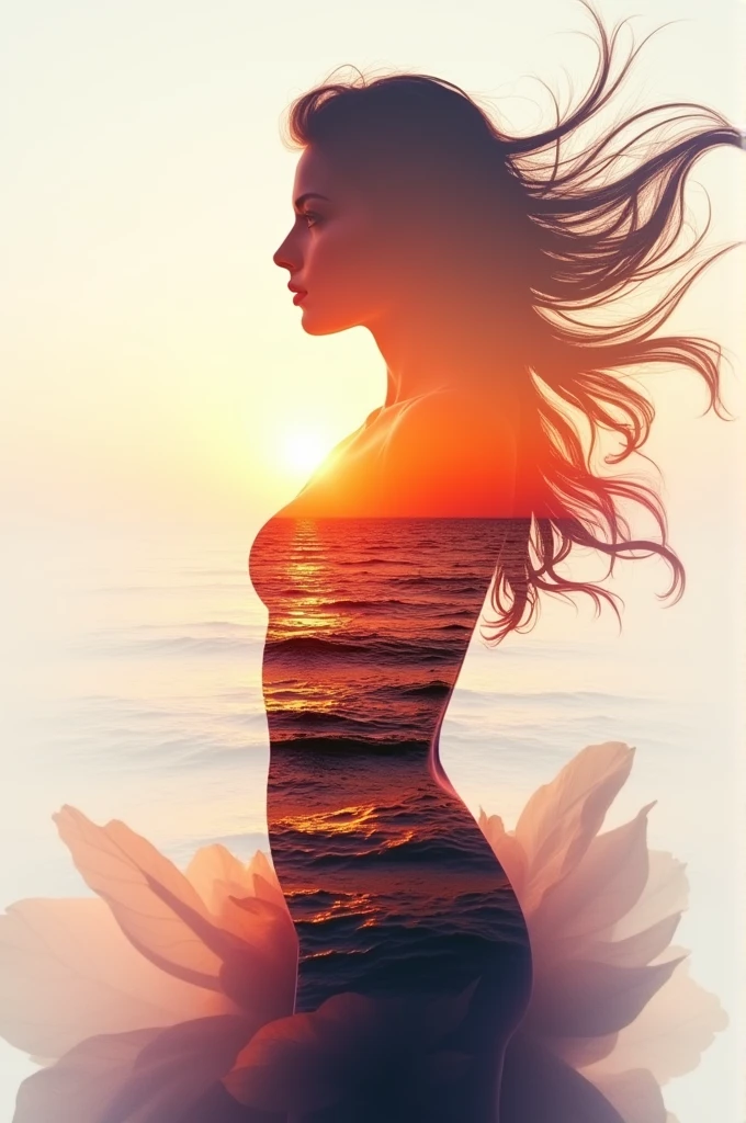 high quality, 8K Ultra HD, A beautiful double exposure that combines an goddess silhouette with sunset coast, sunset coast should serve as the underlying backdrop, with its details incorporated into the goddess , crisp lines, The background is monochrome, sharp focus, double exposure, by yukisakura, awesome full color,