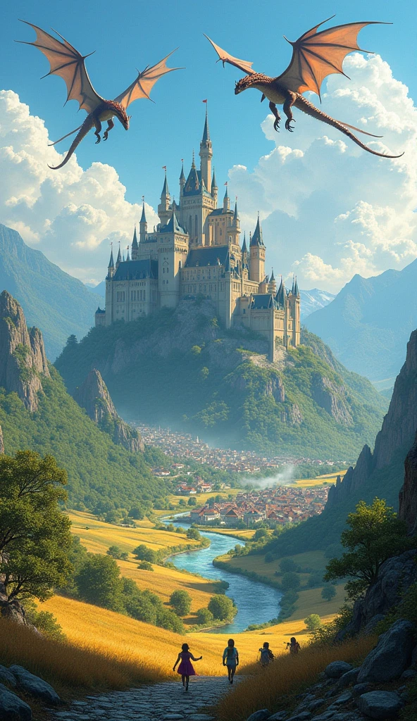 A vast kingdom is depicted, with a grand castle standing tall in the center. Two dragons peacefully soar in the sky above the castle, while green mountains and a shimmering river stretch across the horizon. The town is lively, with farmers working in the fields and children playing in the streets.