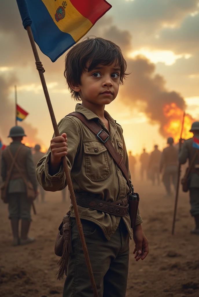 Make me an image of a Paraguayan child holding a Paraguayan flag in the middle of the War of the Triple Alliance in Paraguay.