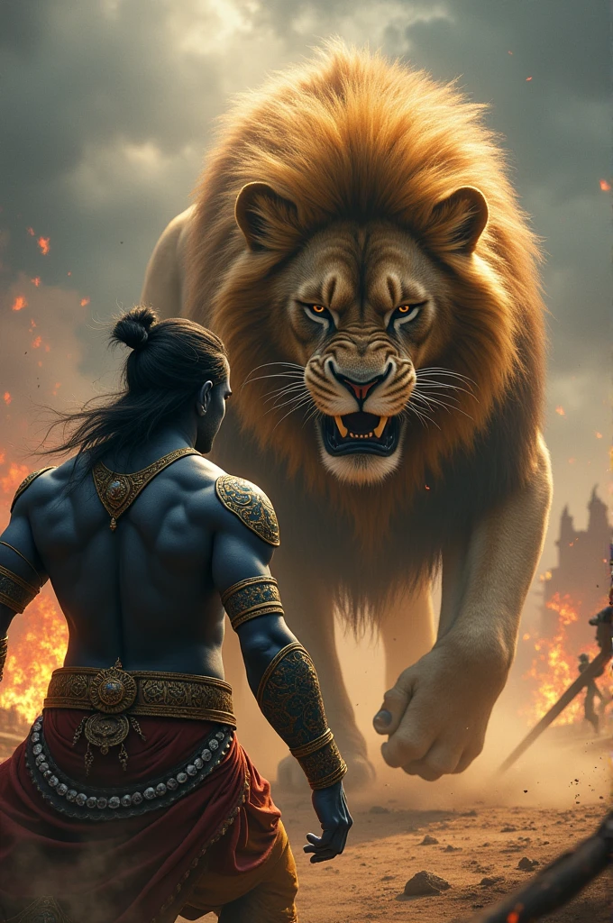 Angry krishna infront of ruthless lion in the war location