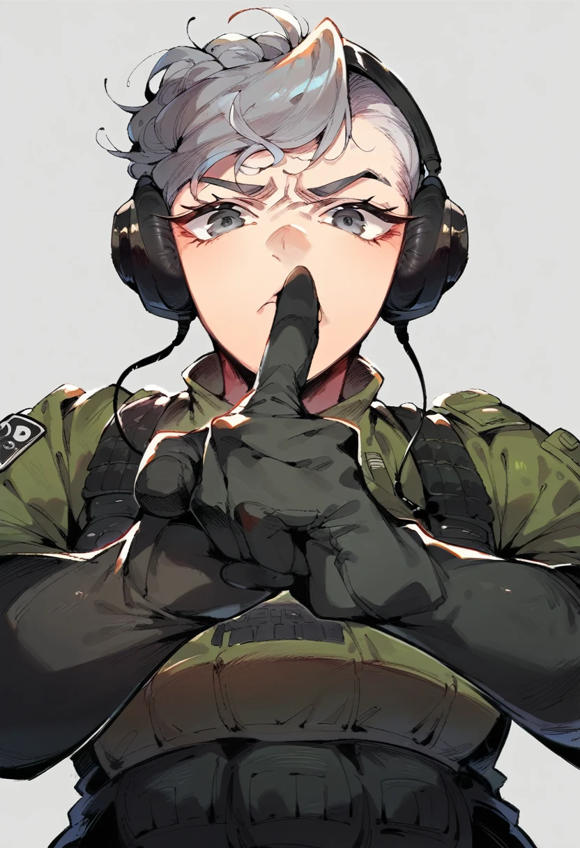 score_9,score_8_up,score_7_up, low angle pov, shushing gesture, crouch position, finger on mouth, asian older woman Special Ops in black tactical stealth suit pointing a knife at you, slight wrinkles. headphones, serious expression, one messy bun with grey hair, grey eyes, empty dark millitary base background