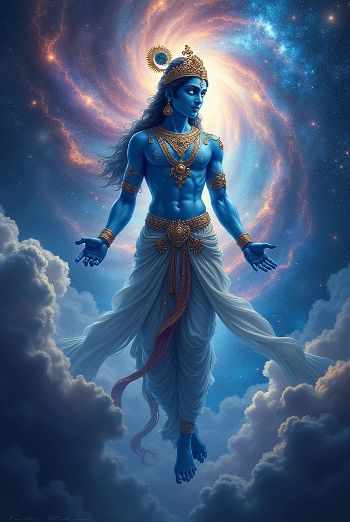 Adult Lord Krishna, detailed,high quality, Cosmos, infinite universe , flaying, white eyes 