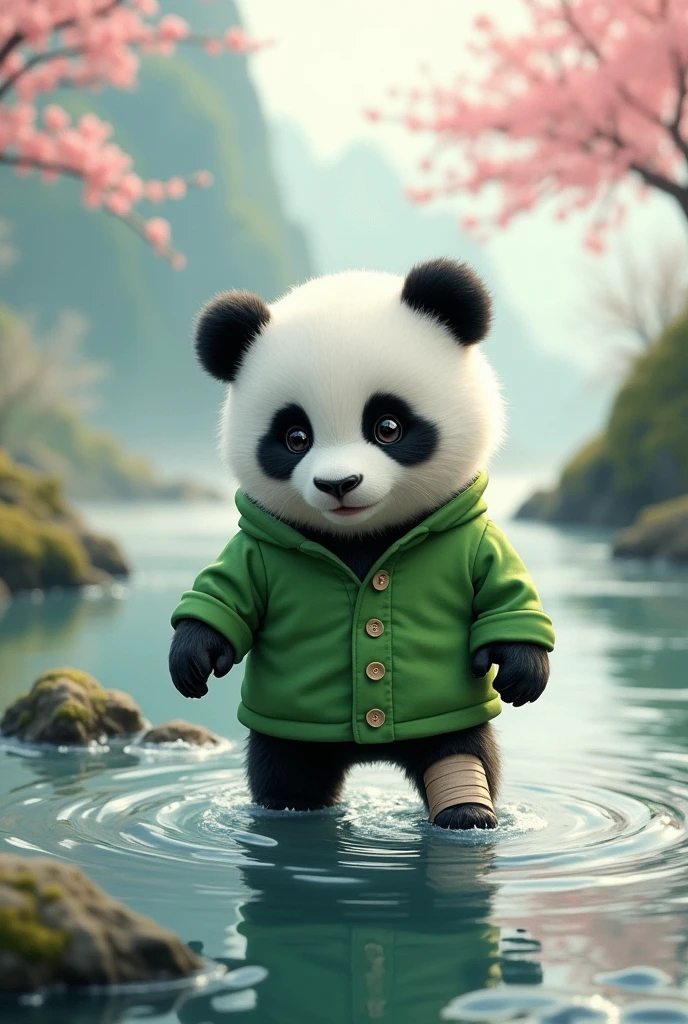 A panda wearing a green shirt with an injured leg,Standing by the river,Facing the river,Fear of crossing the river,Cute realistic style,Chinese style in the background