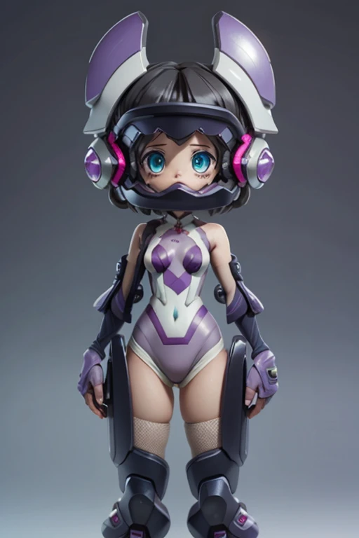 (Highly detailed CG), (Highest quality), One person, Perfect Face,  Glowing Skin, Shiny skin, Wide Hips,Tight waist, KohinataMiku,bangs,mask,Helmet,blue eyes,Removable sleeves,Purple gloves,Bodysuits,leotard,Knee socks Elbow gloves,Exposing shoulders,headgear,One person,Black Hair, short hair, Mind control, Glowing Eyes, Expressionless, , View your viewers,