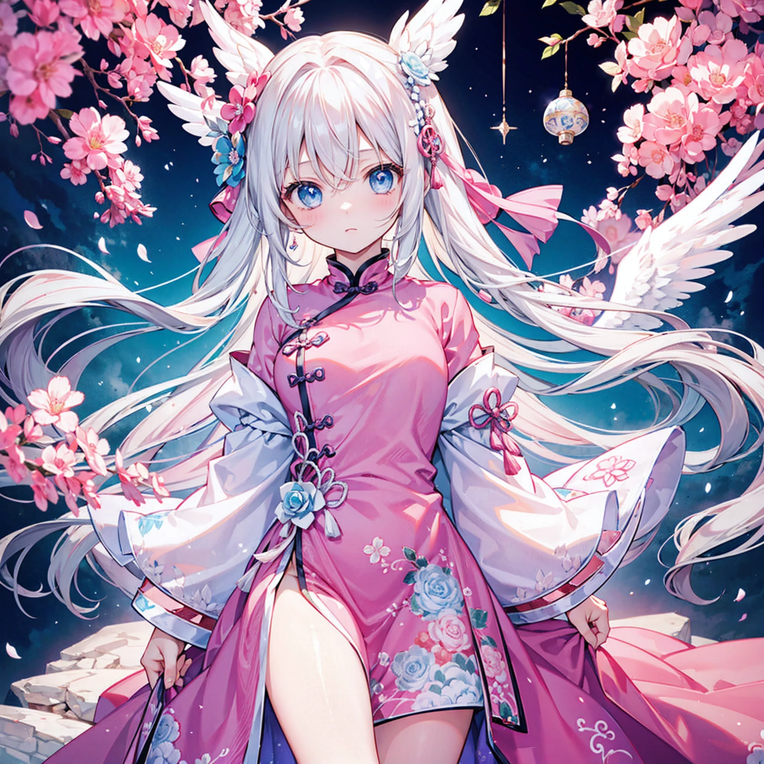 masterpiece、Highest quality、A girl with long white hair and blue eyes、18-year-old、Pink china clothes。Angel wings on the back、