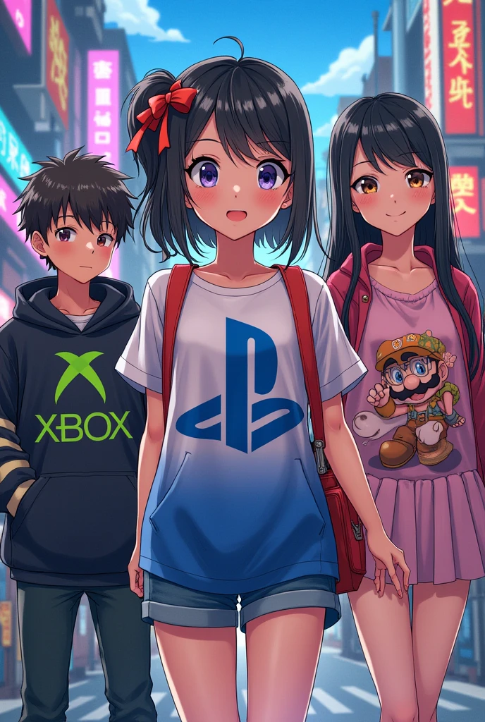 Une fille le logo PlayStation. I'm with a boy who wears the Xbox logo, a girl who wears the Nintendo logo, and a boy friend who wears the Steam logo, manga version.