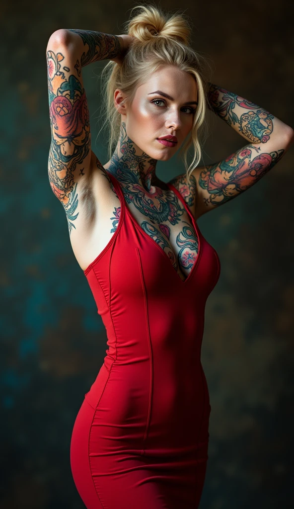 (full length portrait:1.6), (full body portrait), a woman in her late 30s, various poses with arms up or down, soft and rounded facial features, (low rooted breasts:1.4),(lower set breasts:1.4), ((pale) white skin), (snow-white skin:1.5), (whole body covered in skull and outer space themed tattoos), (bright, vibrant, multi-color tattoos:1.4),(flowers/plants:-3), soaking wet red bodycon dress, (hard pert nipples visible under dress:1.8), honey blonde hair in a messy bun, 8k,highres,masterpiece,ultra-detailed,realistic,photorealistic,photo-realistic,vivid colors,studio lighting,extremely detailed tattoos,extremely detailed face and body, (black and grey tattoos:-4)