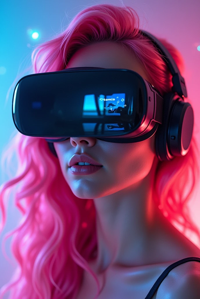 Only the face of a woman gamer with voluminous pink hair wearing VR glasses with the word Art3mis mirrored in the glasses