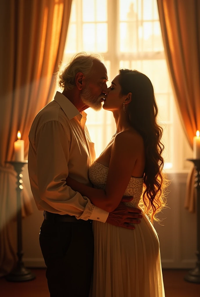 Hugging naked、Old man and busty woman、Kiss hard