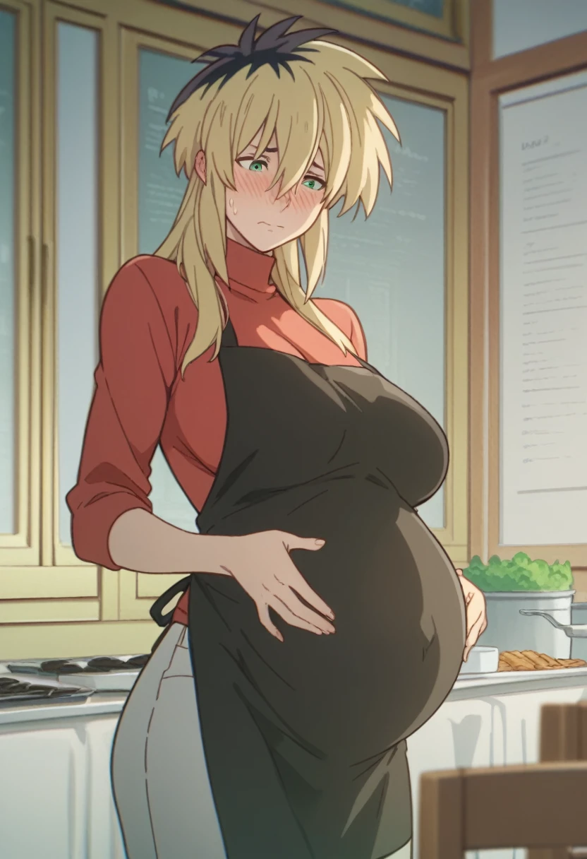 Huge breasts、Long chest、blush、Sweat、In the heat、Miyako Ishida, long hair, bangs, blonde hair, black hair, hair between eyes, green eyes, multicolored hair, two-tone hair,
apron, sweater, turtleneck, red sweater, black apron, pants, denim,A troubled, embarrassed face、Eyes half closed、Are standing、bedroom、
{Highest quality}, {so beautiful}, {Very detailed}, {Best illustrations},Pregnant women、From the side