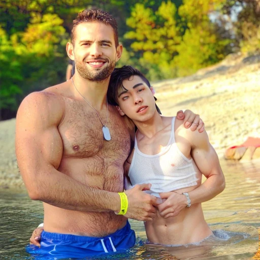Add another effeminate man without a shirt, both naked, Whole body.