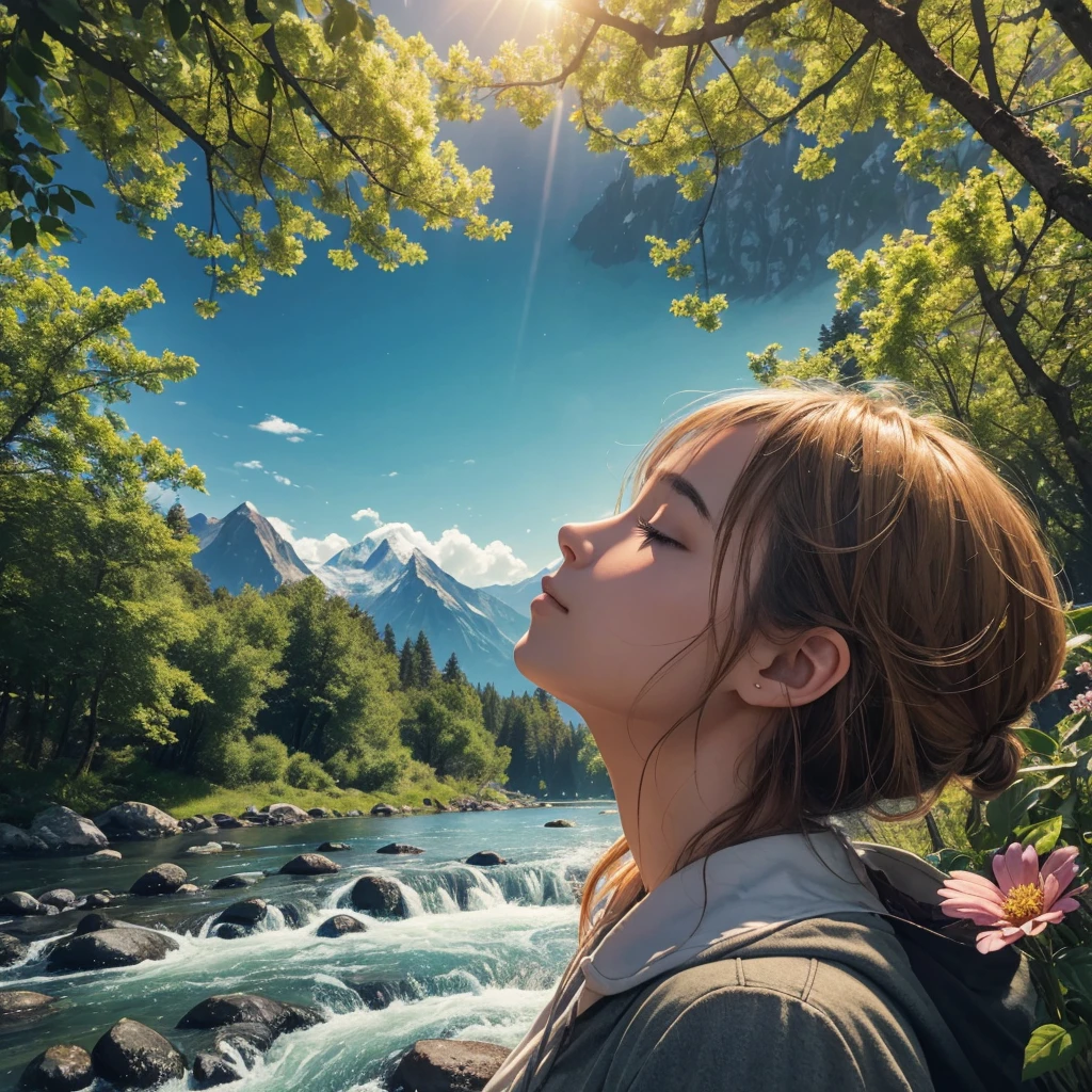 An image depicting the interconnectedness of human senses, thoughts, and emotions. It features an individual experiencing all five senses: observing nature, listening to sounds from nature, smelling flowers, tasting fruit, and feeling the texture of nature. The image should visualize the process of sensory information being transmitted to the brain, with connecting lines illustrating the brain's processing that generates thoughts and emotions, such as peace and joy. The atmosphere should be serene, featuring beautiful natural elements like mountain scenery, rivers, trees, and flowers, accompanied by soft lighting to convey mental tranquility.