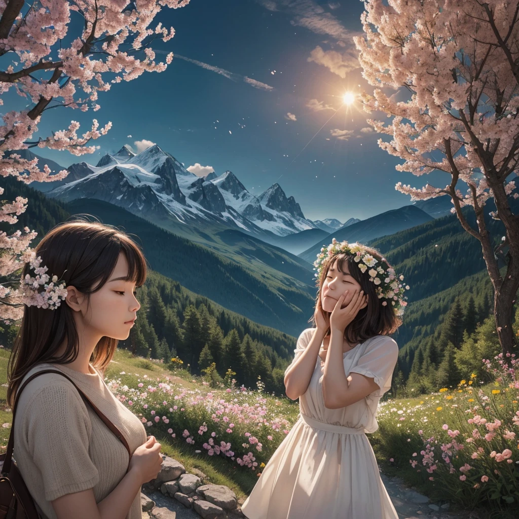 An image depicting the interconnectedness of human senses, thoughts, and emotions. It features an individual experiencing all five senses: observing nature, listening to sounds from nature, smelling flowers, tasting fruit, and feeling the texture of nature. The image should visualize the process of sensory information being transmitted to the brain, with connecting lines illustrating the brain's processing that generates thoughts and emotions, such as peace and joy. The atmosphere should be serene, featuring beautiful natural elements like mountain scenery, rivers, trees, and flowers, accompanied by soft lighting to convey mental tranquility.
