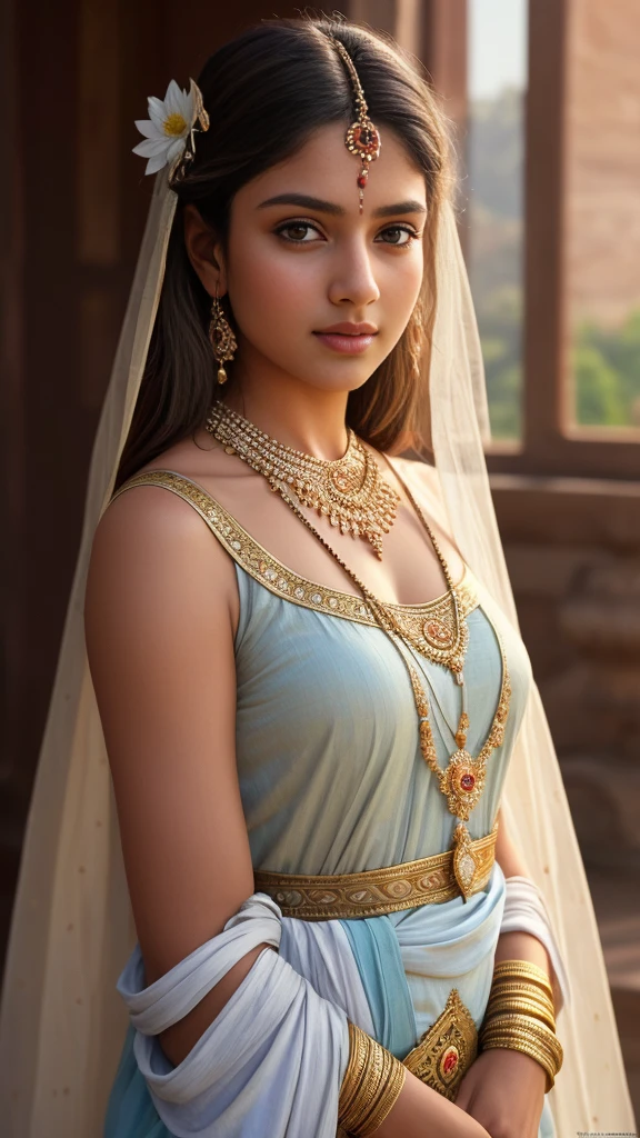 Masterpiece, upper body portrait, girl, middle ages, indian traditional clothing, classicism, andrey atroshenko style, painting, traditional media, realistic, figurative, fine art, oil on canvas, HDR, 8K, original character, high resolution, high detail, focus on the face, intricate, flawless. The background should be a magical swirl few dust small white amber blue flower