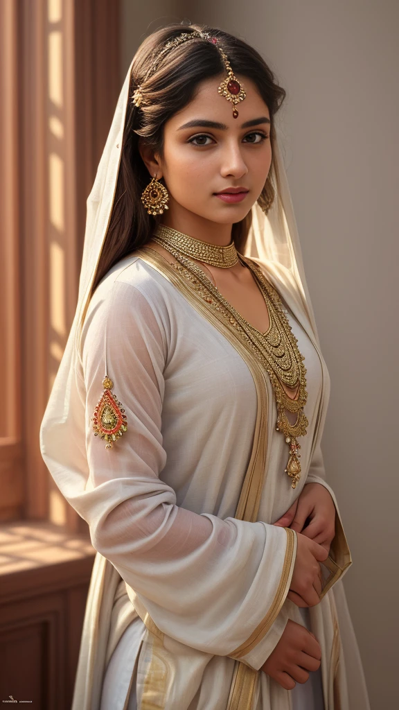 Masterpiece, upper body portrait, girl, middle ages, indian traditional clothing, classicism, andrey atroshenko style, painting, traditional media, realistic, figurative, fine art, oil on canvas, HDR, 8K, original character, high resolution, high detail, focus on the face, intricate, flawless. The background should be a magical swirl few dust small white amber blue flower