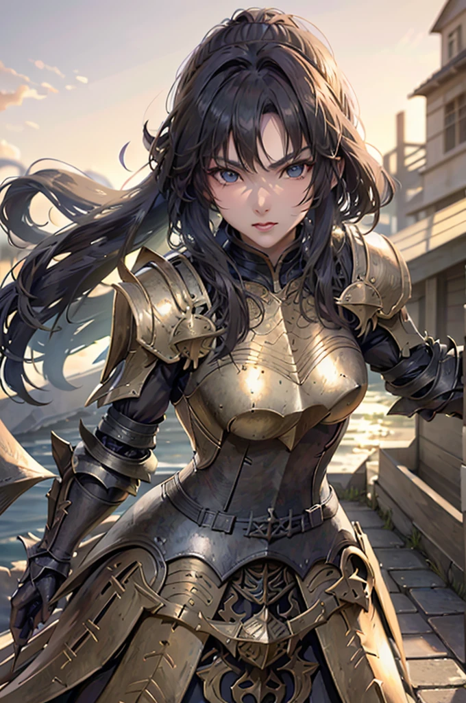 A beautiful girl in armor standing on a path near a lake, hxarmour, 1 girl, armour, (black armour:1.3), mountain, walking, big rounds breasts, intimidating look, glossy lips, dark brown hair, long bangs, long hair, ponytail, wavy hair, expressive hair, shiny hair, hairclip, glowing eyes, pupils sparkling, earrings, fangs, serious, red lips, aqua eyes, high detail, anime, Carl Larsson, anime style, depth of field, cinematic lighting, dithering, image fill, wide shot, perspective, panorama, Wide-Angle, f/1.8, 85mm, Nikon, UHD, retina, masterpiece, accurate, anatomically correct, textured skin, high details, best quality, highres, 16k