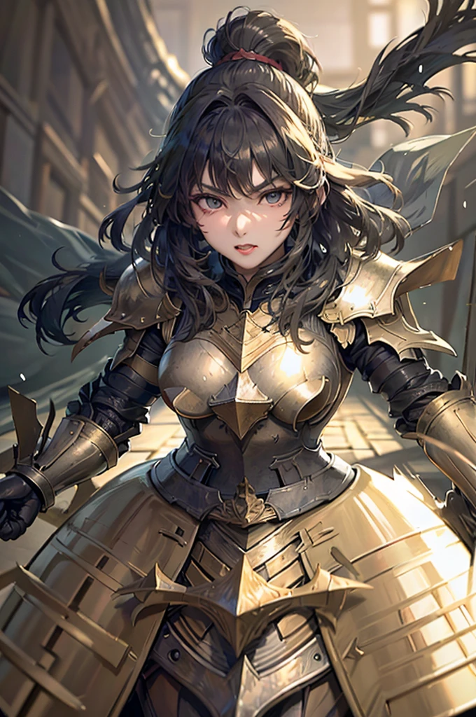 A beautiful girl in armor standing on a path near a lake, hxarmour, 1 girl, armour, (black armour:1.3), mountain, walking, big rounds breasts, intimidating look, glossy lips, dark brown hair, long bangs, long hair, ponytail, wavy hair, expressive hair, shiny hair, hairclip, glowing eyes, pupils sparkling, earrings, fangs, serious, red lips, aqua eyes, high detail, anime, Carl Larsson, anime style, depth of field, cinematic lighting, dithering, image fill, wide shot, perspective, panorama, Wide-Angle, f/1.8, 85mm, Nikon, UHD, retina, masterpiece, accurate, anatomically correct, textured skin, high details, best quality, highres, 16k