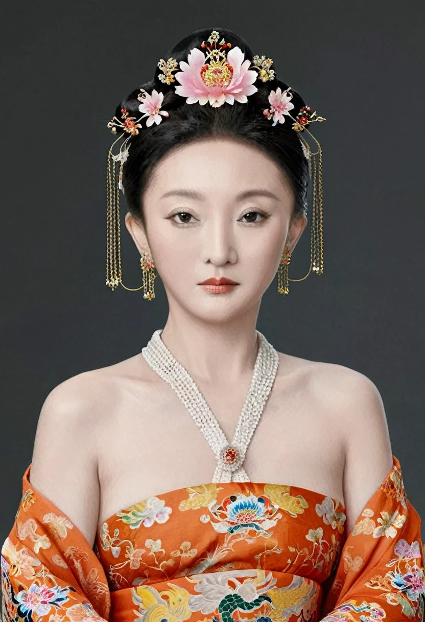 A front view of the Qing Dynasty Empress with her legs spread apart, showing her large chest. A naked Qing Dynasty Empress with a crown on, showing her stomach, thighs and feet from below.。She is completely naked, showing off her gorgeous large flowers and hairpins, her hair tied up and pulled up, and the background is the stone paving of the Chinese palace of the Qing Dynasty.