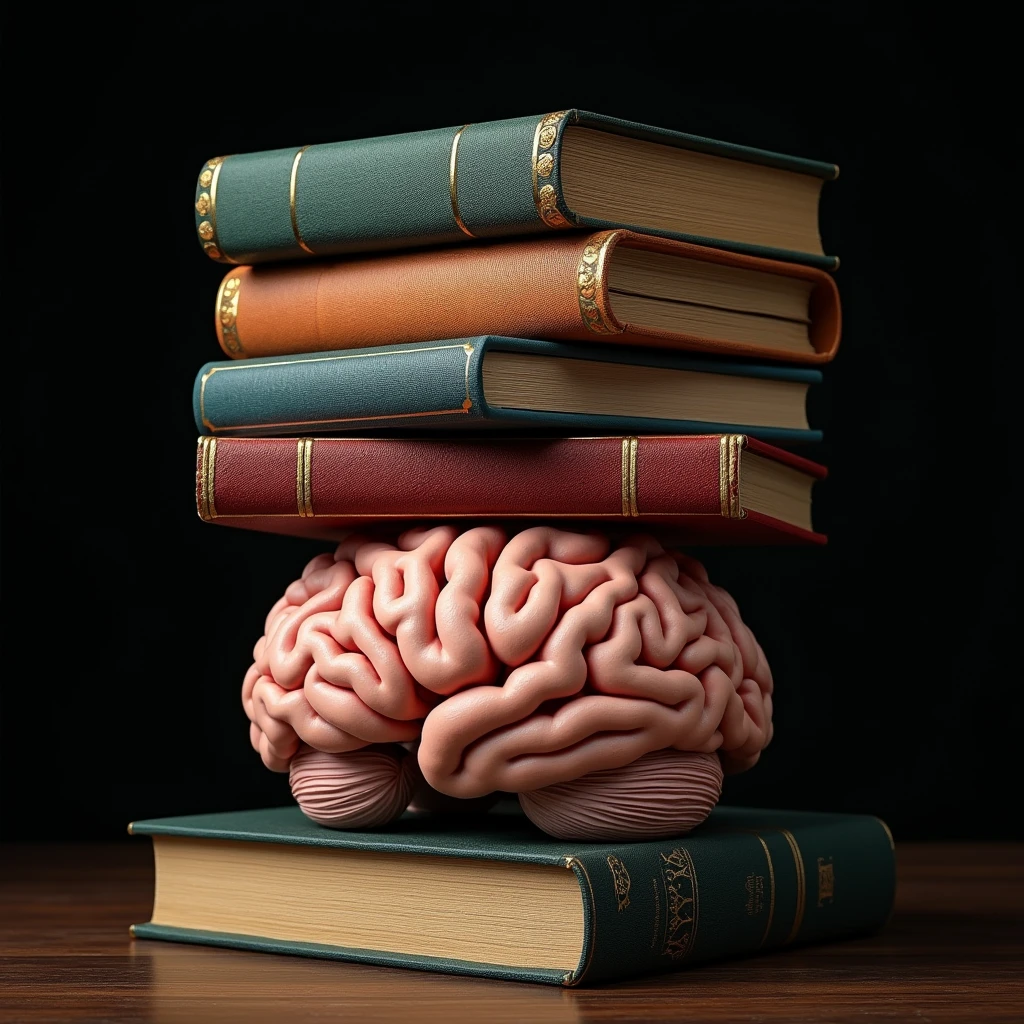 "A realistic depiction of a stack of books resting on top of a detailed, anatomically accurate brain. The scene is rendered with precise use of light and color, emphasizing realistic forms and textures. The books are depicted with intricate details and shading, showcasing a range of colors and textures, while the brain features lifelike textures and shadows. The lighting is dramatic and well-balanced, evoking the style of the Danube School, blending traditional artistic techniques with a modern, scientific academia aesthetic. The overall composition is photorealistic, reimagining classic art techniques in a contemporary context, set in a 3:2 aspect ratio."