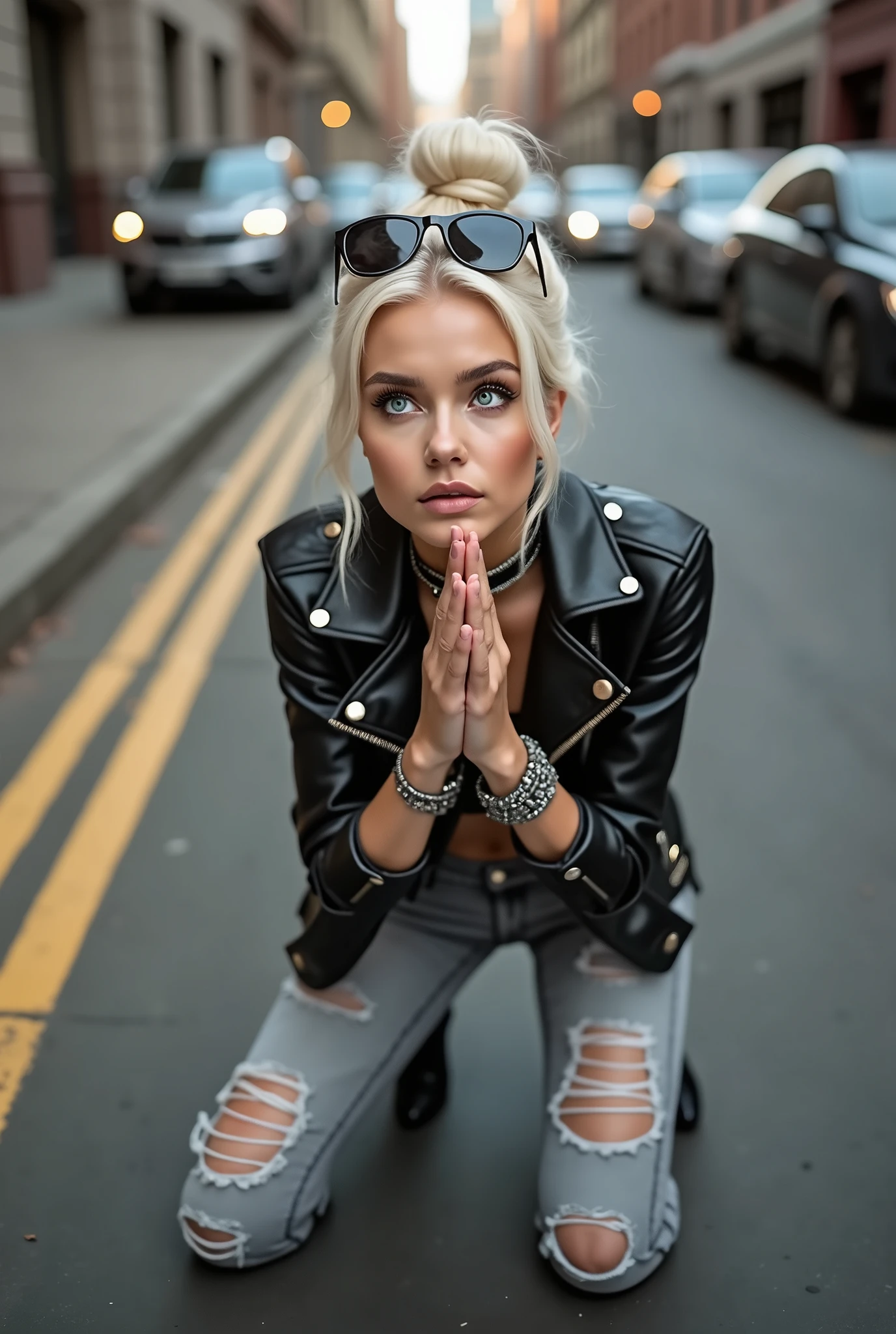 russian milf woman, platinum blonde hair (huge top bun) and sunglasses as headband (big maxi glasses), with very light blue eyes, extremely pale. Wearing cropped black moto jacket, black bra, dark grey jeans and pointy Chelsea boots with cuban heels . Lots of metallic bracelets and collars. Tacky leather belt with oversized buckle. Wide loop earrings. Kneeling in a payer, looking up, chin up, eyes and mouth wide open in amazement. Hands on her knees. Looking at the camera in amazement, toned abdominals, thin legs and thin arms. tattoed