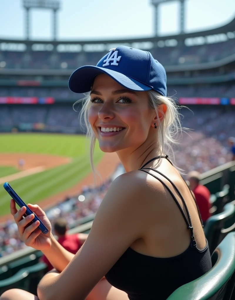 (RAW photo, best quality, masterpiece: 1.2), (photorealistic: 1.4), best lighting, 20 years old, (light gray hair, short cut, hair over ear, Symmetrical eyes, fair skin, solo, Detailed Skin, Detailed Background:1.2),　Front view, smiling, angle from field to bleachers, sitting in bleachers at baseball stadium watching game, holding smartphone in one hand, large crowd, Los Angeles Dodgers baseball cap, Los Angeles Dodgers uniform and black tight tank top, large breasts, accessories, hair tied back, daytime, exposed to sunlight