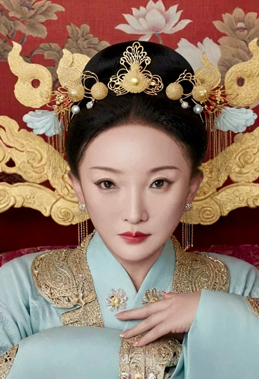 A lavish Empress from the Qing Dynasty era in China, seated on a large golden sofa, completely naked, with her large breasts and massive buttocks protruding as she faces away, her face visible.（Porn Pose） A gorgeous Chinese imperial empress with her hair tied on both sides and wearing a crown、Background of kinky and erotic woman tying her hair、The story is set in the luxurious rooms of an empress in the Chinese imperial court during the Qing dynasty.。