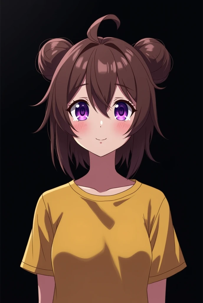 Gamer , black background , Anime girl , brown hair colour , hair bun style , yellow T-shirt , purple eyes , empty eye lens , uncaring eye , smile