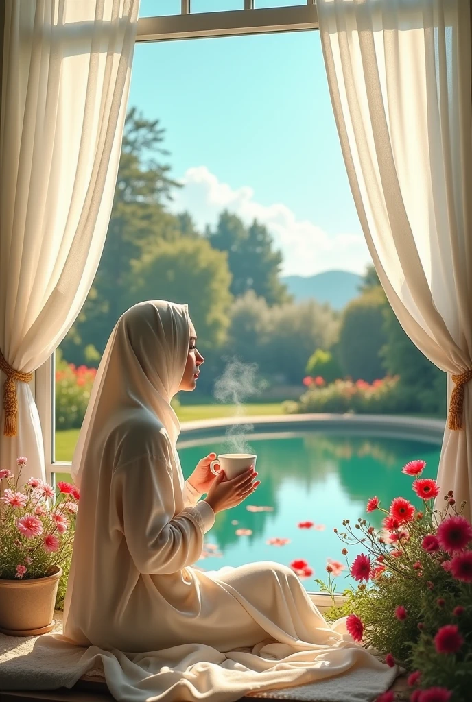 A beautiful scenery seen through window, white long curtains , bright sunlight,a pond and a flower garden is seen through the window,a lady is sitting in the garden, wearing a off-white colour hijab, a steamy cup of tea in her hand,outside view of the window is clear, calm and peaceful