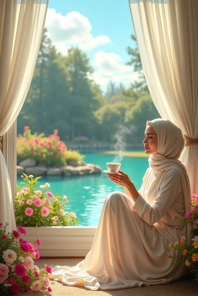 A beautiful scenery seen through window, white long curtains , bright sunlight,a pond and a flower garden is seen through the window,a lady is sitting in the garden, wearing a off-white colour hijab, a steamy cup of tea in her hand,outside view of the window is clear, calm and peaceful 