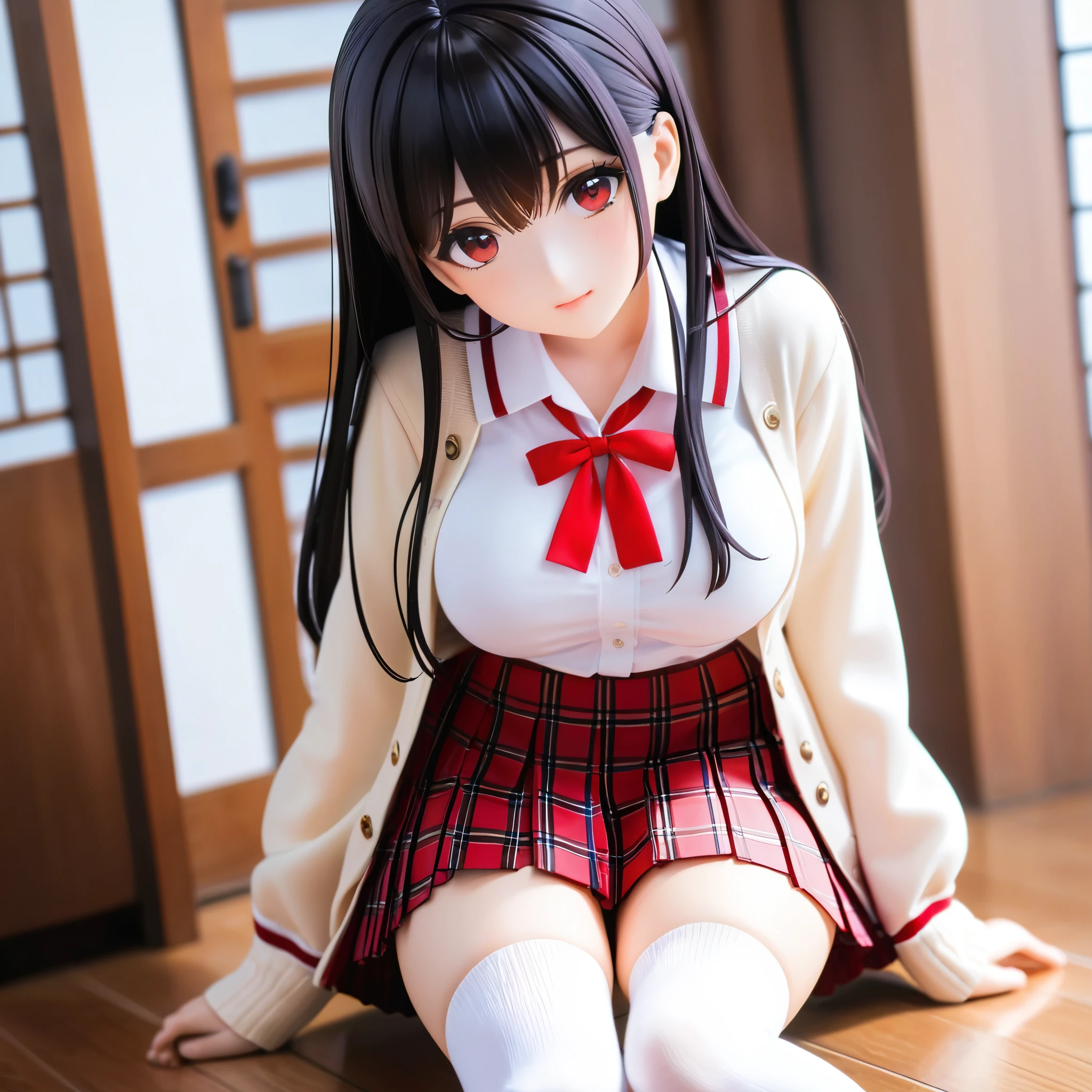 alone、45 years old、Natural body shape、White skin、Natural Makeup、Black Hair、bangs、Straight Long Hair、、((High School Uniform)) 、((Beige cardigan、white collared long sleeve blouse))、((Red checked pleated skirt))、(red school ribbon)、、(Big Breasts)、((The upper body is wearing a uniform))、(((((Looking into the camera)))))、(((Head to shin portrait)))、(((Exposing your thighs)))、Bedroom、Sit on the floor and look down、Close-up of a woman's face looking up from below、White socks,1/6 adult figures,(((software)))