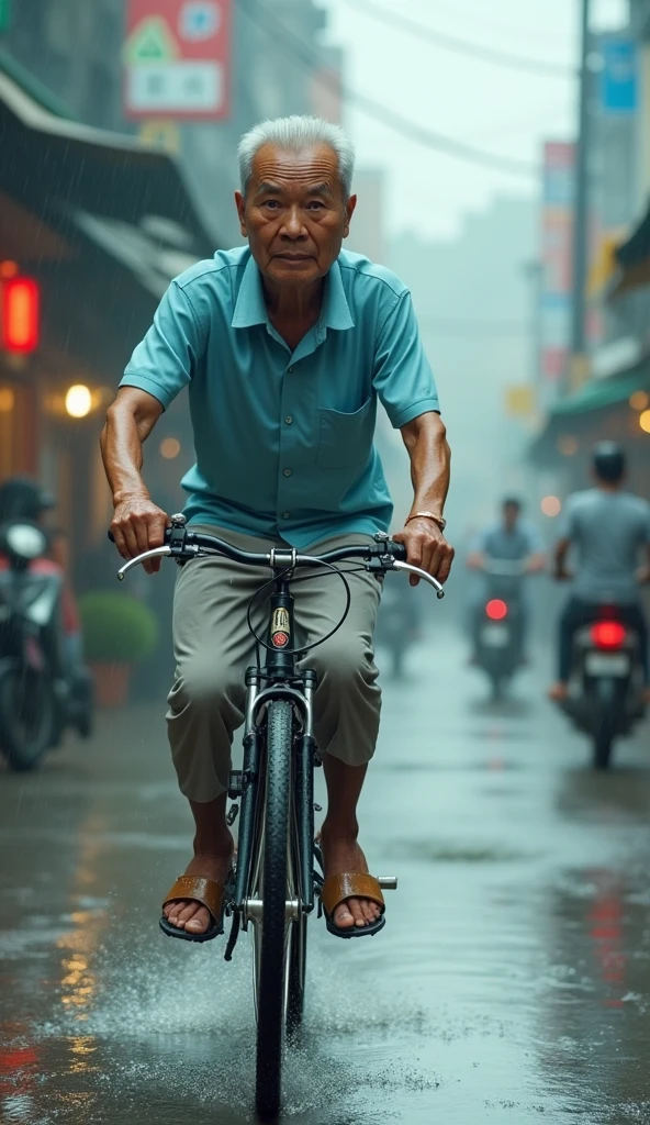 Mr. Tu is an old man over 60 years old., skinny, dark skin, short neat silver hair. He wore a light blue short-sleeved shirt., light gray khaki pants, brown rubber sandals .The shoe fell off while he was rushing to ride his bike., Uncle Tu dropped a slipper.. He turned back to look for the shoe while still getting splashed by the rain.. 3D Image 