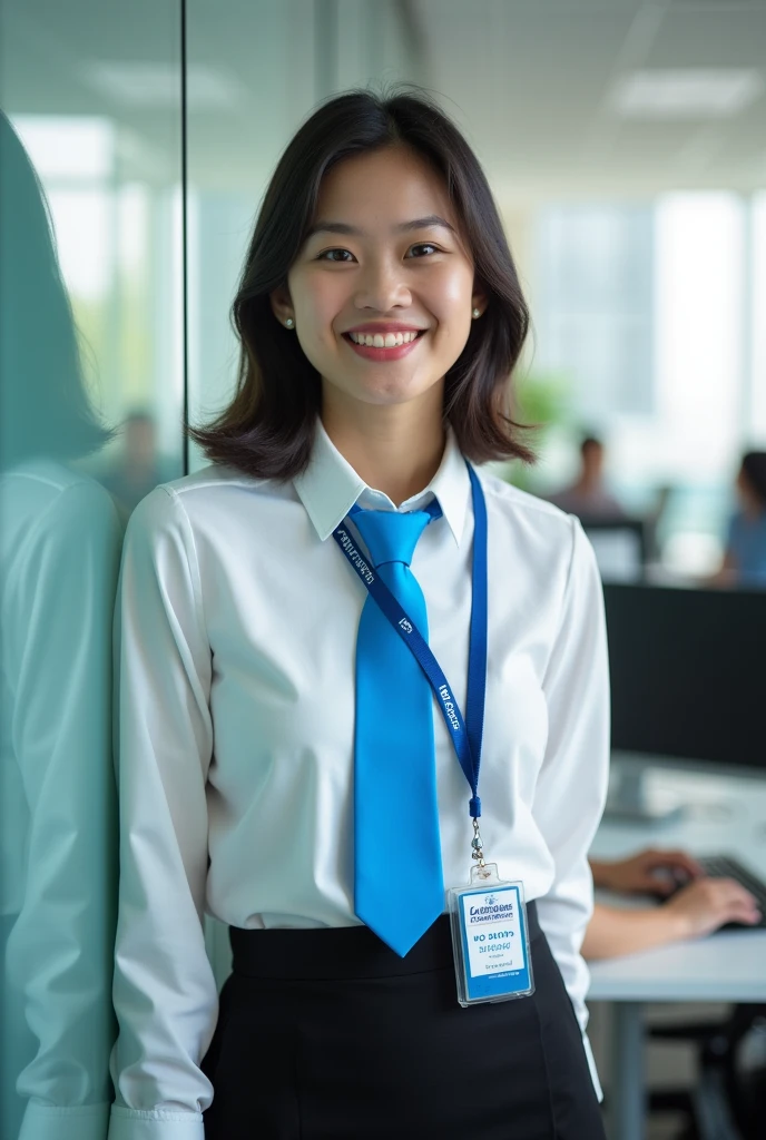 ผู้หญิงอาราฟWear a white shirt.และกระโปรงสีดำพิงกำแพง, a picture inspired by Ni Yuanlu, Flicker, Guessing at the Alset, young asian girl, little cute smile, young asian woman, Wear a white shirt., Wear a white shirt., A bright blue tie with the Kalasin Vocational College emblem at the end., Hanging a blue student ID lanyard, Working in front of the computer, , young woman wearing uniform