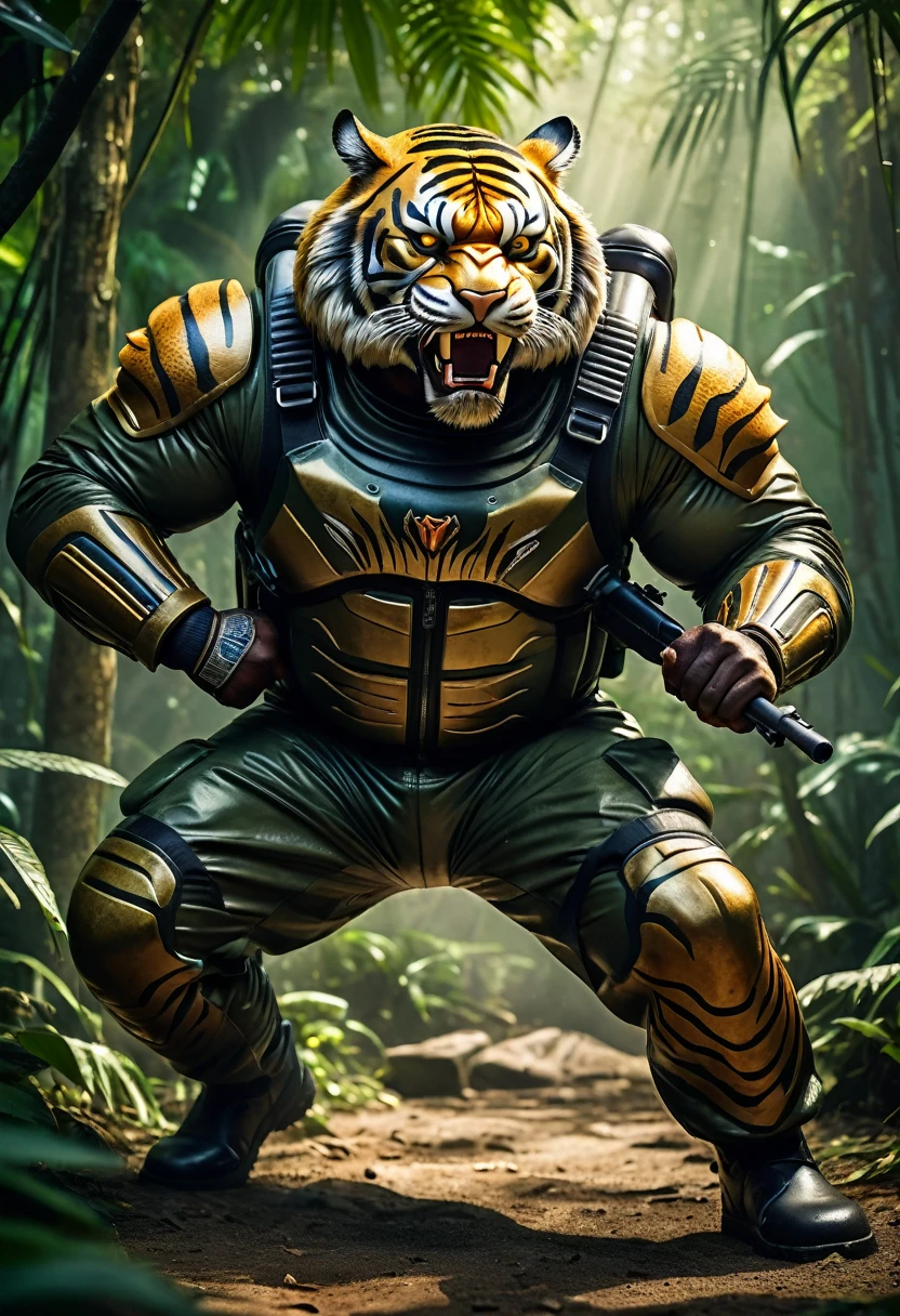 (a dark-skinned fat muscular old man in a bulky army camouflage zipper diver suit) carrying a rifle, (wearing realistic roaring tiger mask), dynamic action pose, fierce expression, showcasing an imposing stature, surrounded by military elements, dramatic shadows and intense highlights, cinematic color tones, high detail, powerful, art influenced by Bruce Onobrakpeya and Stanley Artgerm, ultra-detailed, best quality image, action-packed atmosphere. fighting stance. jungle background