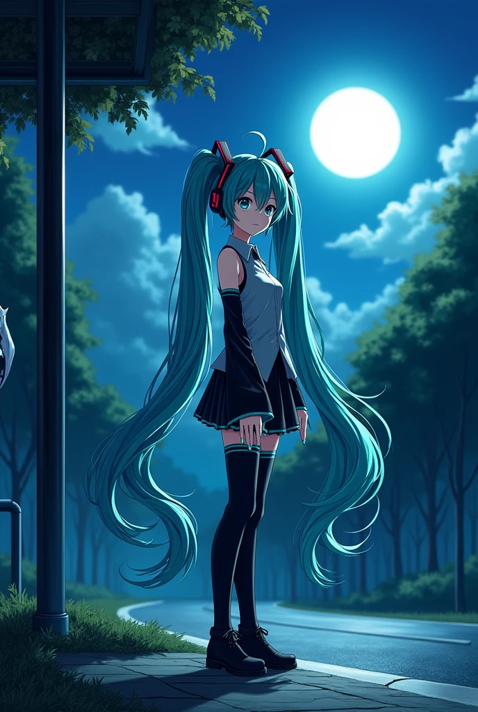Anime art, anime style, detailed drawing, beautiful forest background background, high definition, high quality, one girl, solo, Hatsune Miku, aqua hair, twin tails, head ornament, headphones, number tattoo "01" (red, located on her right hand), grey sleeveless collared shirt, black detached sleeves with aqua lines, five fingers with aqua nails, aqua necktie, black pleated mini skirt with aqua lines, zettai ryouiki, thigh-high black boots with aqua lines.

Miku Hatsune alone in the night, she is at the bustop, there's ghost in the left