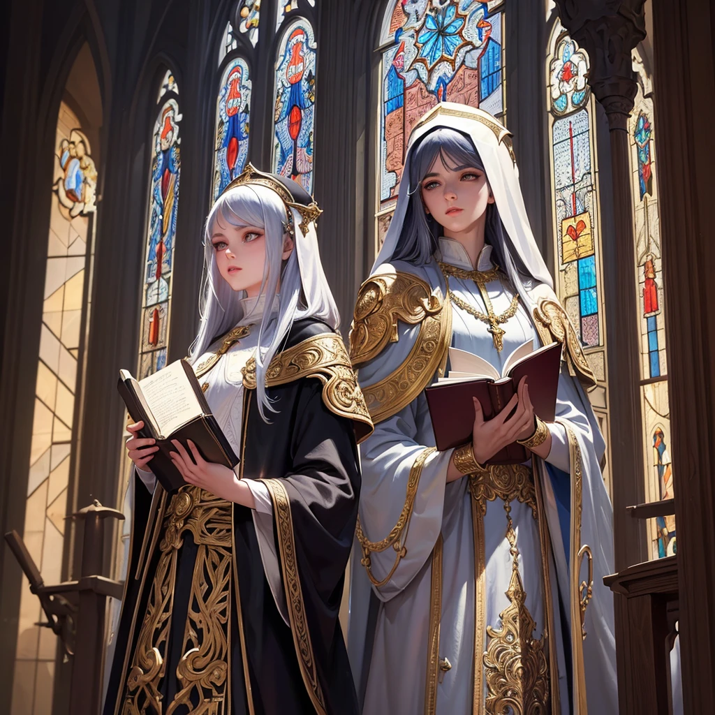 a young cleric, beautiful detailed eyes, beautiful detailed lips, extremely detailed eyes and face, long eyelashes, male, ornate religious robes, holding religious book, cathedral interior, stained glass windows, intricate architectural details, dramatic lighting, chiaroscuro, rich color palette, masterpiece, 8k, photorealistic para un personaje de rpg
