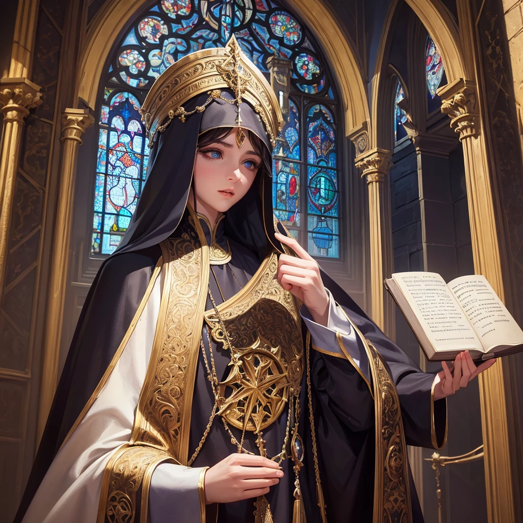 a young cleric, beautiful detailed eyes, beautiful detailed lips, extremely detailed eyes and face, long eyelashes, male, ornate religious robes, holding religious book, cathedral interior, stained glass windows, intricate architectural details, dramatic lighting, chiaroscuro, rich color palette, masterpiece, 8k, photorealistic para un personaje de rpg