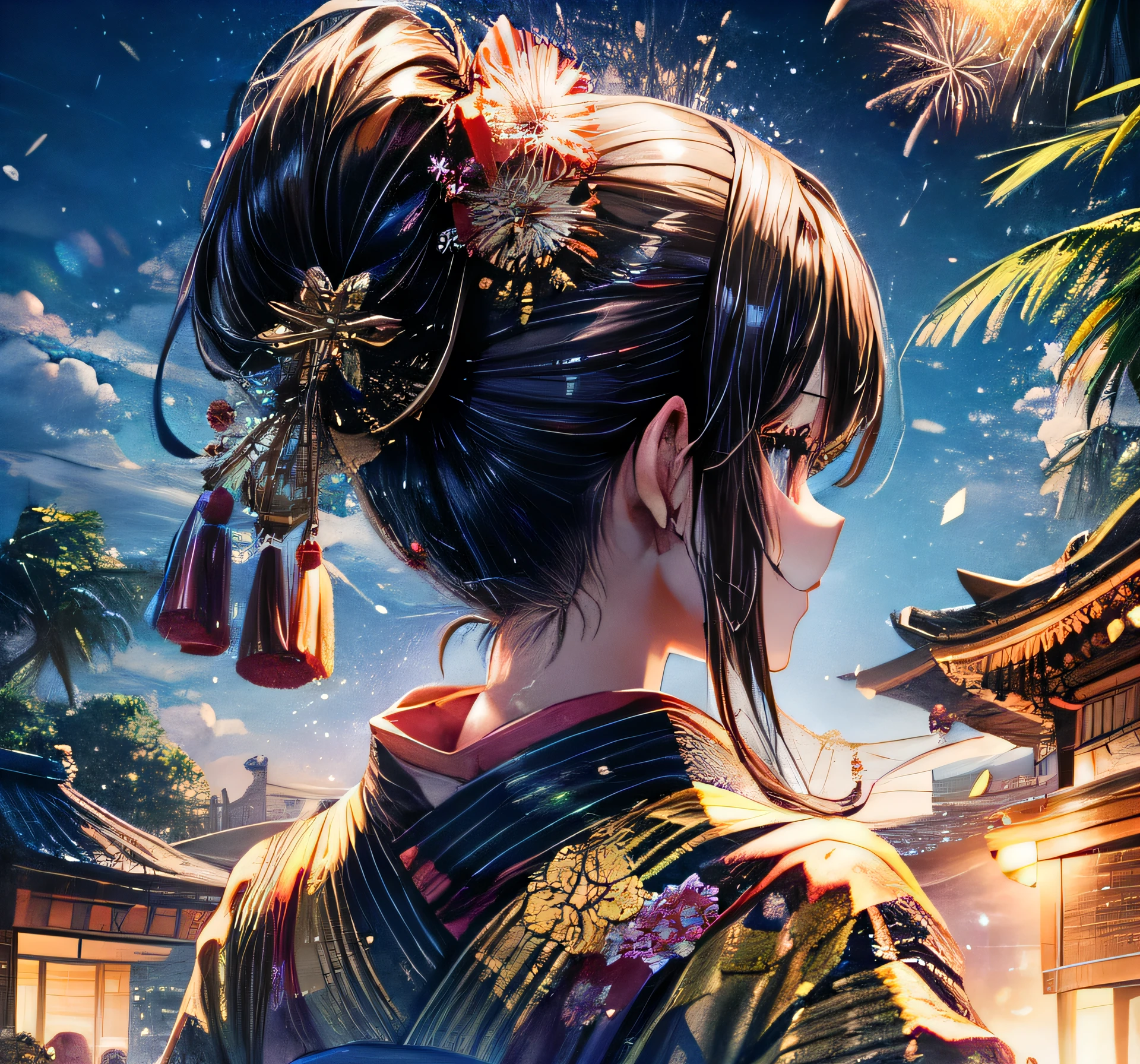 Fireworks in summer High-end kimono beautiful girl Black Hair ponytail Festivals