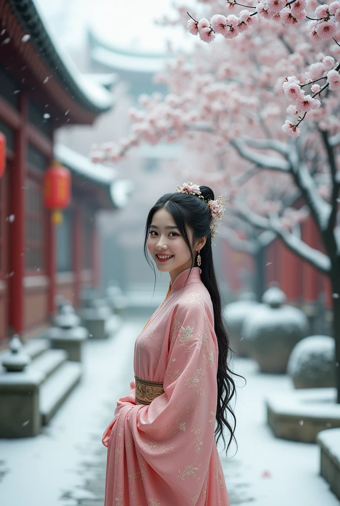 (Snow Scene,Realistically,Anatomically correct,Asian star face,Smile,The hands and face are very delicate and clear),(Standing in the middle of the quaint courtyard,Plum tree,Song Dynasty Flowing Winter Clothes),(Bellows:1.5),(Wide Angle,Ultra HD细节,masterpiece, Ultra HD, Super Detail, High Detail, best quality, high resolution, Awards, 8K),(Chinese advanced color scheme,Movie Lighting)