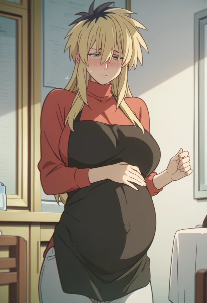 Huge breasts、Long chest、blush、Sweat、In the heat、Miyako Ishida, long hair, bangs, blonde hair, black hair, hair between eyes, green eyes, multicolored hair, two-tone hair,
apron, sweater, turtleneck, red sweater, black apron, pants, denim,A troubled, embarrassed face、Eyes half closed、Are standing、bedroom、
{Highest quality}, {so beautiful}, {Very detailed}, {Best illustrations},Pregnant women、From the side