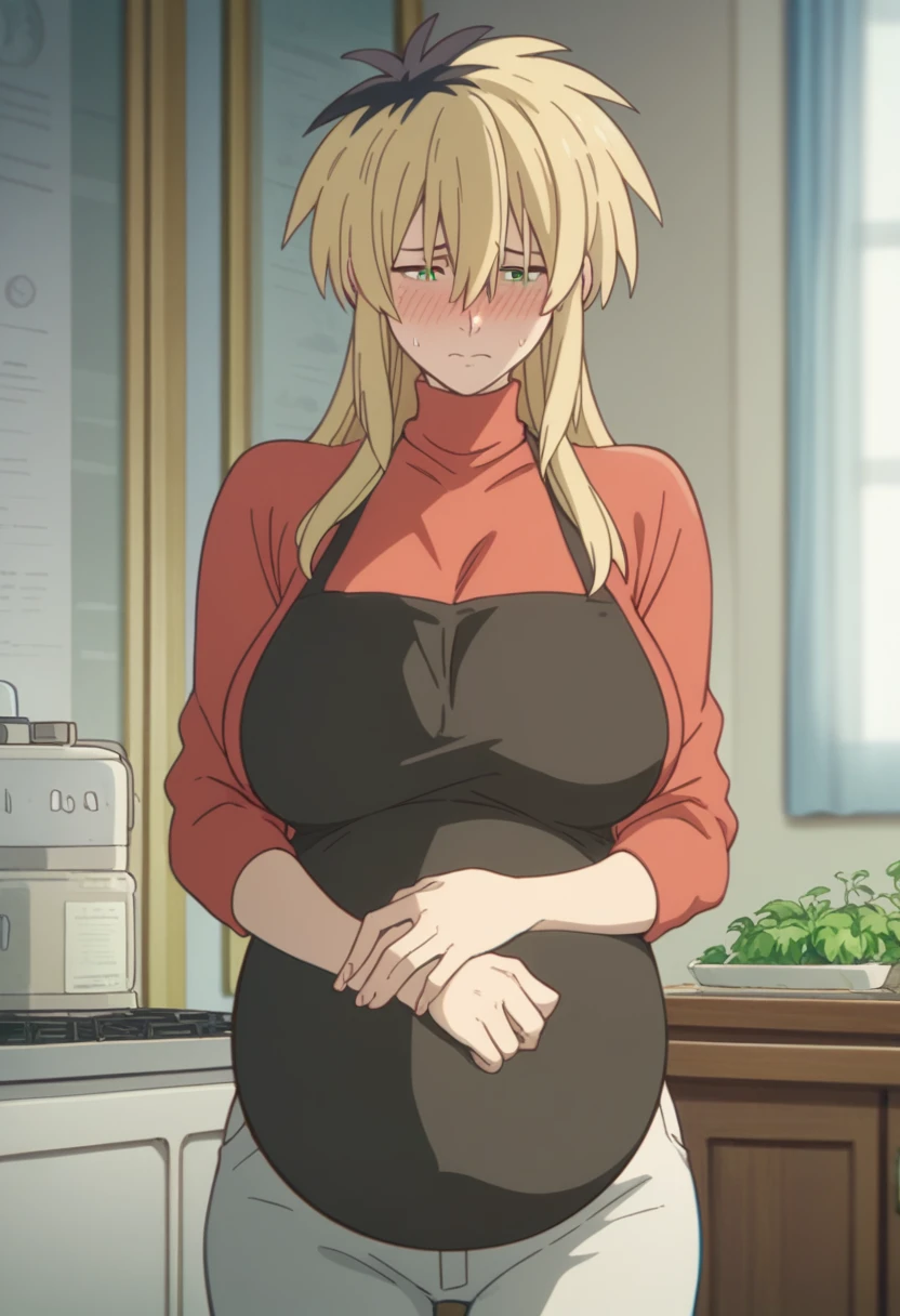 Huge breasts、Long chest、blush、Sweat、In the heat、Miyako Ishida, long hair, bangs, blonde hair, black hair, hair between eyes, green eyes, multicolored hair, two-tone hair,
sweater, turtleneck, red sweater, black apron, pants, denim,A troubled, embarrassed face、Eyes half closed、Are standing、bedroom、
{Highest quality}, {so beautiful}, {Very detailed}, {Best illustrations},Pregnant women