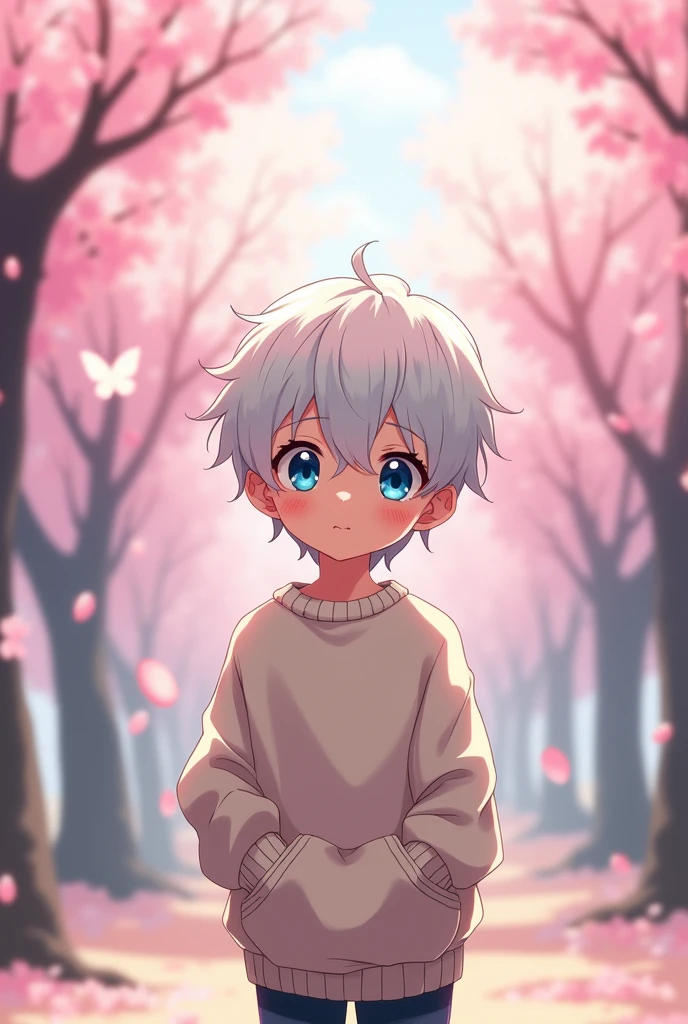 A shy anime boy with white hair and blue eyes