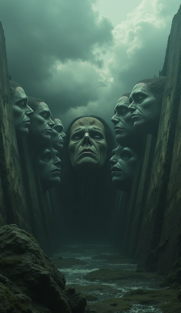 Best image quality, masterpiece, multiple human faces in a round shape, engrossed expression, sewage treatment plant background, detailed skin expression, detailed image texture, brutal, grotesque, horror, gloomy atmosphere, (not AI image), cloudy weather