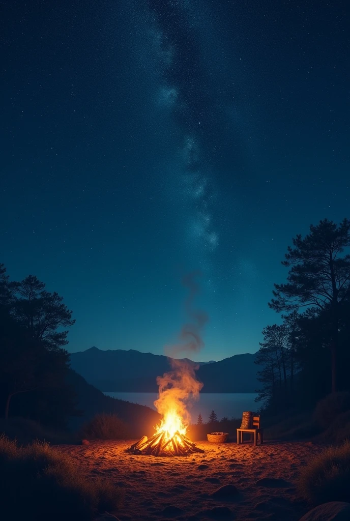 Starlit skies with a smoke from a little fire nearby 