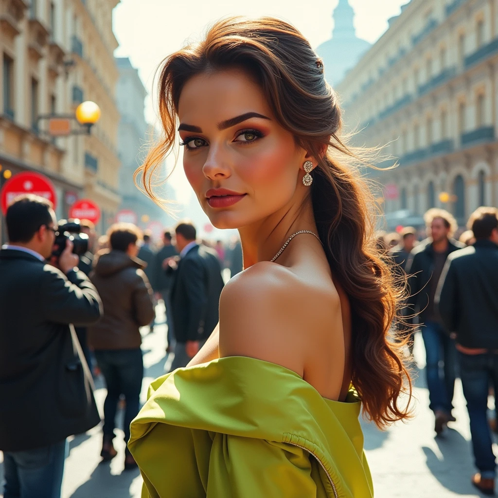 High-quality realistic acrylic art, vivid colors, photo of beautiful woman, (bckygrebmargom), (on a Moscow street:1.1), perfect hair, hair upsweep updo, wearing sexy Chartreuse (shoulder sash), (paparazzi in background:1.1), (face focus), modelshoot style, (extremely detailed CG unity 8k wallpaper), professional majestic (photography by ansel adams:1.1), 24mm, exposure blend, hdr, extremely intricate, High (Detail:1.1), dramatic, soft cinematic light, (looking at viewer), (detailed pupils), 4k textures, soft cinematic light, elegant, ((((cinematic look)))), soothing tones, insane details, hyperdetailed,light natural tones , pencil drawing , watercolor drawing, portrait of a woman, detailed eyes, beautiful , highly detailed, soft color tones, soft lighting, detailed lines, sharp, realistic, brush strokes, light hints of paint drips