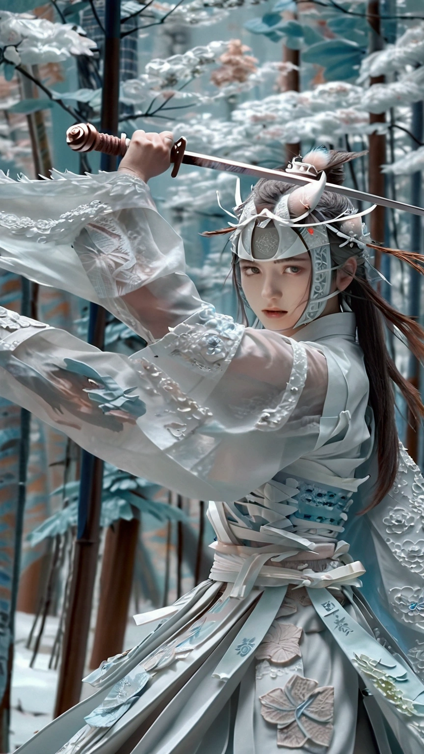 (Japanese sword &reference;Muramasa 2&reference;.2)Beautiful 27 year old woman、Japanese women、Tie your hair back、Hair ornament artist、Shinobi Costume、Warrior、Clear Eyes、{Arm tattoo(SakuraFubuki}'Back Tattoo、Warrior、(Japanese swordを両手で構える、1.3)(Japanese sword1.2)Intermediate position、In front of the body、(Holding a sword horizontally 1.3)、whole body、Long Blade Sword、Realistic battle scenes、敵Warriorの返りBlood、Blood、High resolution、Highest quality、Very detailed、8k、background、The castle is burning、Sparks fly、