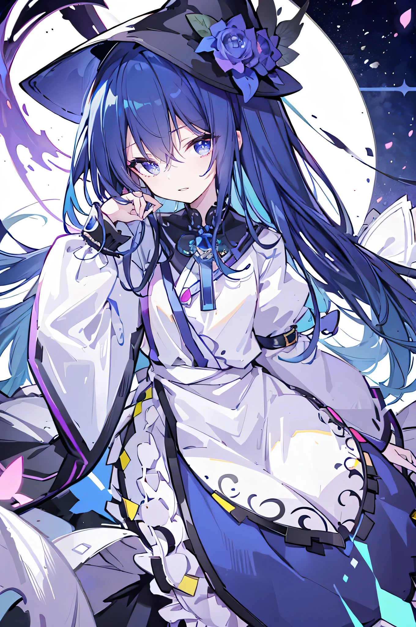 oung Girls,Humanity,A magician always smiles,big witch hat,cute,dark blue long hair,The eyes are dull,The bangs are heavy,Thin eyebrows,fantasy,intake,Double teeth,Star Theme,Constellation pattern,Solid color clothetal decoration,cloak,A bit of a dark atmosphere,A little crazy smile,When the big moon shines outside at night,blood,Hair black star embellishment,Short tie,No nails,High waist skirt,Bell sleeves,Long-sleeved shirt,Black tie,low risk,gentlemen。Mist、Yellow and white effect,Shocking pink as an accent color,(Masterpiece:1.2),Ultra-detailed,lifelike,The eyes are expressive,Fair skin,Perfect face shape,1 girl,Japanese Manga,Gorgeous blue hair,Flowing blue hair,Flowing clothes,Cat ears,Petals falling,Shy face,sitting on window,Place your hand on your lips,masterpiece, absurdres, novel cover, cover illustration, 1girl, solo, dark blue-haired ponytail, mage robes, flower background, clock background, monochrome, line drawing