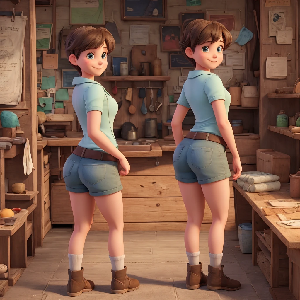 Rebecca Chambers, booty shorts, smiling
