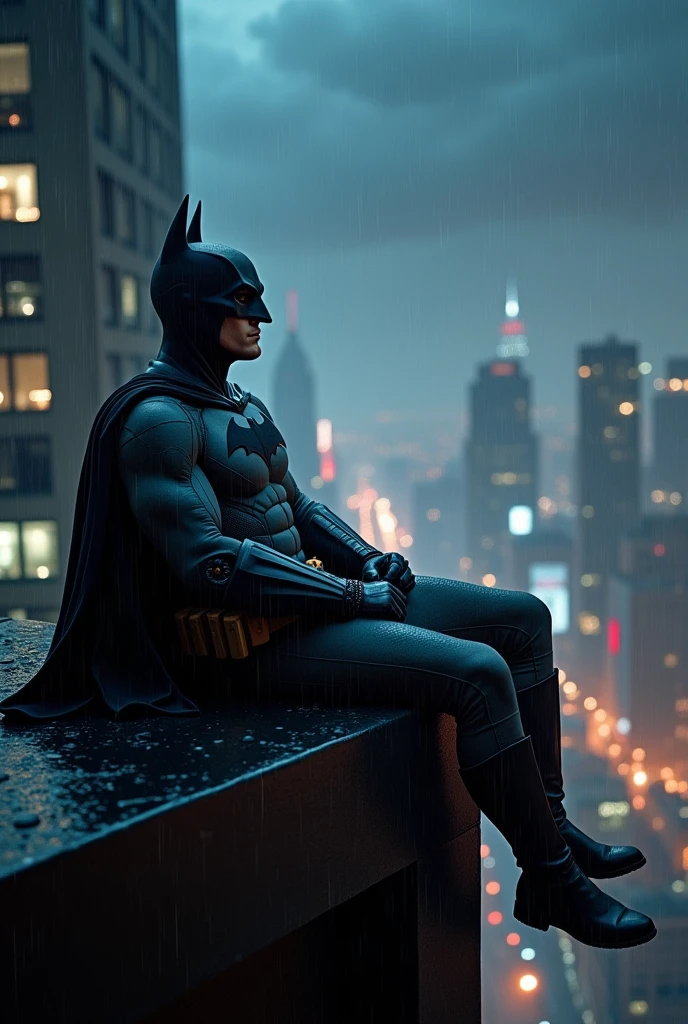 Batman just chilling on top of the building listening to music while it's raining heavily. In the background we see city skyline at night. Cozy