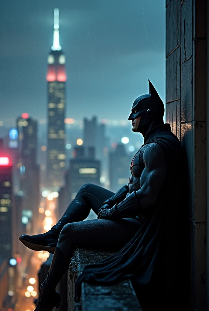 Batman just chilling on top of the building listening to music while it's raining heavily. In the background we see city skyline at night. Cozy